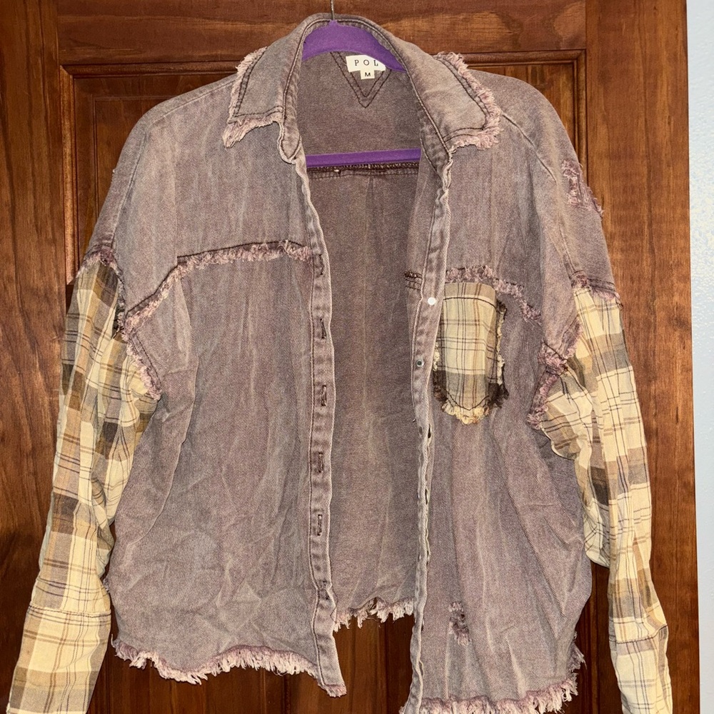 POL Distressed Jean Jacket with Plaid Sleeves